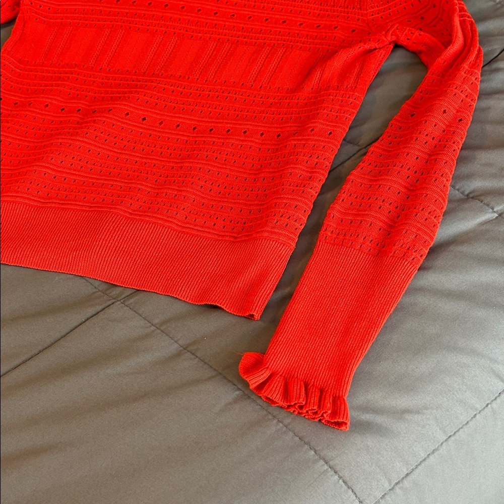 Vibrant Red Orange Knit Crochet Pointelle Sweater NEW Ruffle Hem S Romantic Crew - Picture 4 of 7